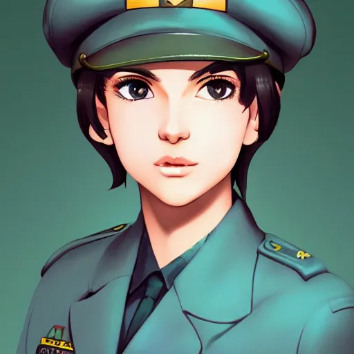 Prompt: portrait bust of young woman with shoulder - length light brown hair and hazel eyes dressed in a sharp dark teal military uniform with beret, smiling, ilya kuvshinov, anime, loish, ross tran