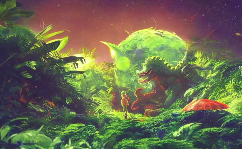 Image similar to a still of a cute adorable tiny astronaut, on a planet of lush colorful foliage, with an enormous kaiju dragon surrounding the full background, magical forest, sharp focus, neon backlit, highly detailed, disney pixar studio ghibli makoto shinkai, digital painting, matte, octane render, global illumination, iridescent, anime, 8 k concept art