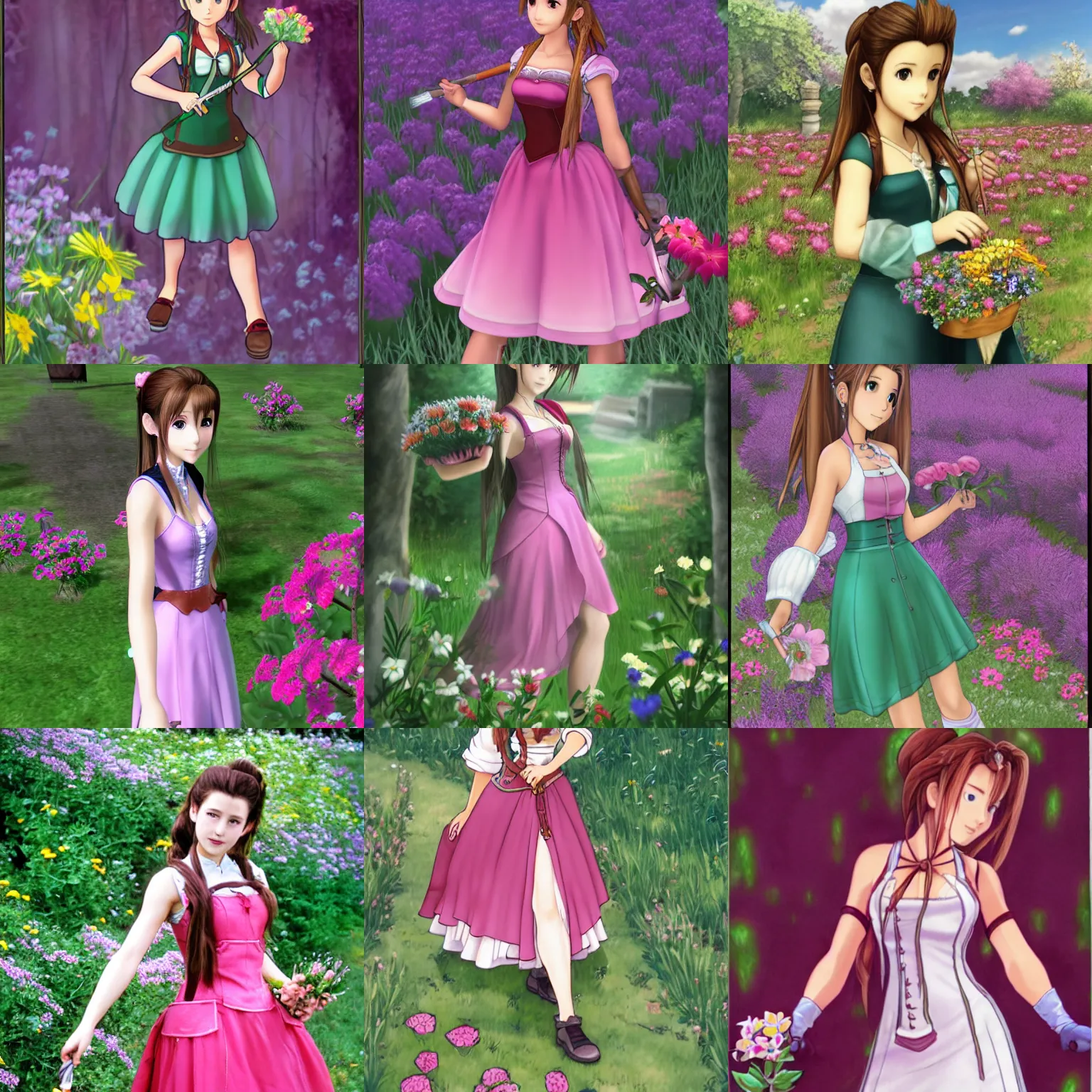 Prompt: aerith gainsborough of final fantasy 7 picking flowers, dress and vest