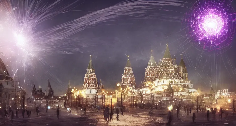 Image similar to pepople and a spiral - shaped white luminous attractor is floating near kremlin, concept art, art for the game, professional lighting, art