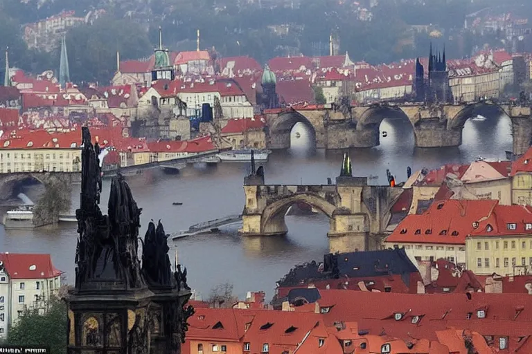 Prompt: richard gere plays iron man flies over charles bridge in prague, epic scene from marvel movie, movie still