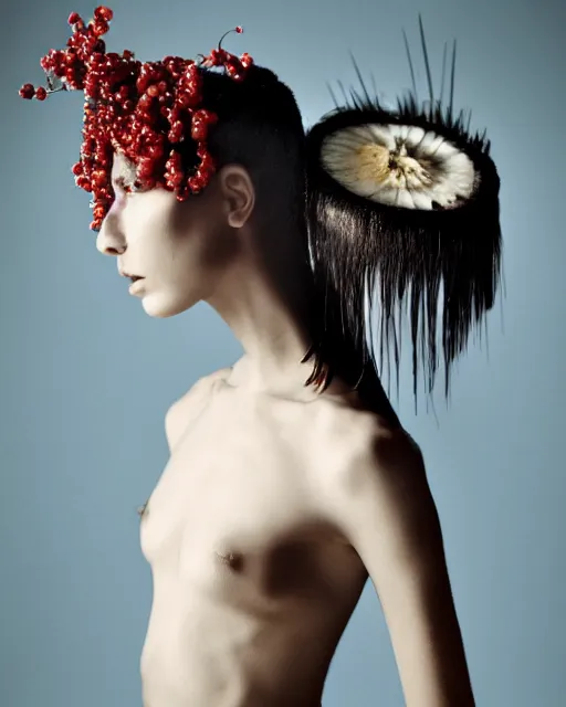 Image similar to a bountiful springtime harvest, a conceptual surrealist punk hairstyle for girls, by steven meisel, sigma 35mm f/8