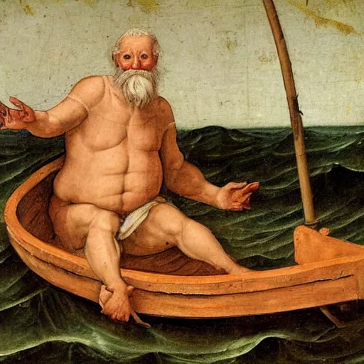 Image similar to a renaissance oli painting of an old man in a skiff at sea. The old man is the center of the painting, and the focus of the composition. He is shown in profile, with his back to the viewer. He is leaning back, using all his strength to reel in the marlin. His face is sweaty and strained, and his arms are shaking. The marlin is huge, and its body is thrashing around in the water. The boat is small and insignificant compared to the marlin, and it is being pulled towards the fish. The painting is rendered in a realistic style, with accurate details and lifelike colors. The brushwork is loose and expressive, conveying the movement and energy of the scene. The overall effect is one of drama and suspense. The water in the painting is a deep blue color. It is choppy and turbulent, reflecting the struggle of the old man and the marlin.