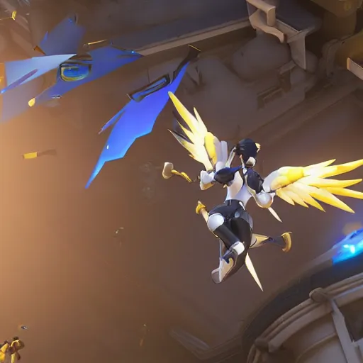 Image similar to mercy from overwatch flying above her team healing them as they push the payload across the map, unreal engine 5 4 k