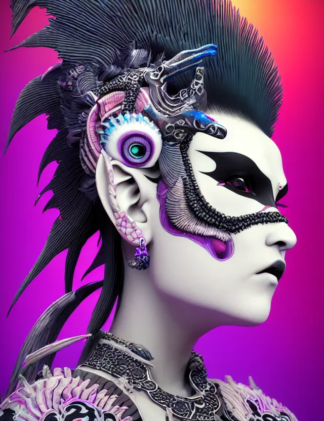 Image similar to 3 d goddess close - up profile portrait punk with mohawk with ram skull. beautiful intricately detailed japanese crow kitsune mask and clasical japanese kimono. betta fish, jellyfish phoenix, bio luminescent, plasma, ice, water, wind, creature, artwork by tooth wu and wlop and beeple and greg rutkowski