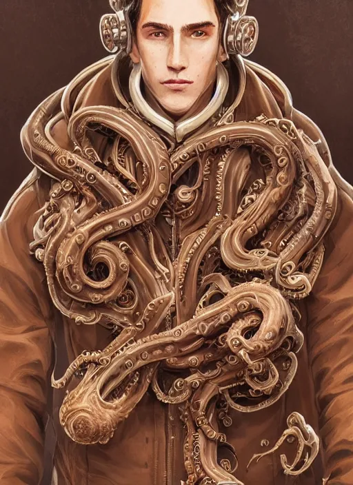 Prompt: a highly detailed illustration of wavy brown haired young white guy wearing brown coat and face mask with many mechanical tentacle arms on his back, dramatic hands in pocket standing pose, intricate, elegant, highly detailed, centered, digital painting, artstation, concept art, smooth, sharp focus, league of legends concept art, WLOP