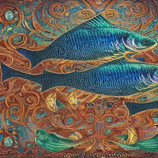 Image similar to fish swimming through a flooded under water city, surrealism, deep aesthetic, abstract realism, highly ornate intricate details, 1 9 2 0's colored pencil, 4 k, cinematic lighting,