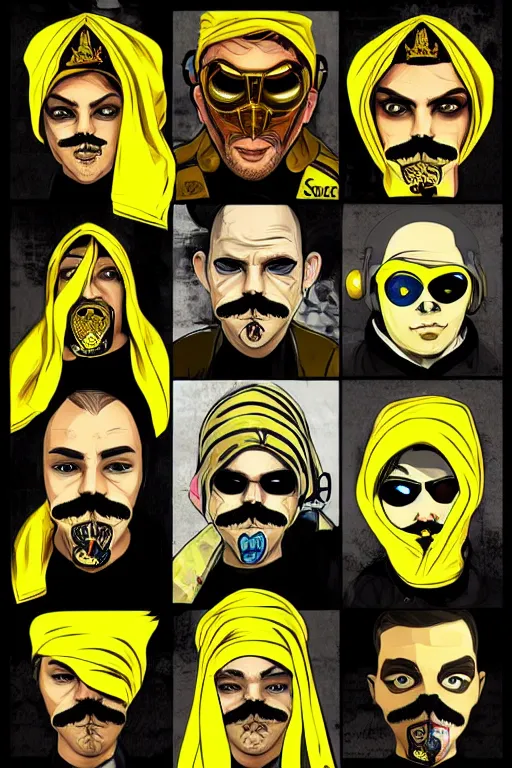 Image similar to saints street gang wear yellow bandanas, and some of them have thick mustachesdigital art, artgrem, illustration, concept art, pop art style, dynamic comparison, fantasy, bioshock art style, gta chinatowon art style, hyper realistic, face and body features, without duplication noise, hyperdetails, differentiation, sharp focus, intricate