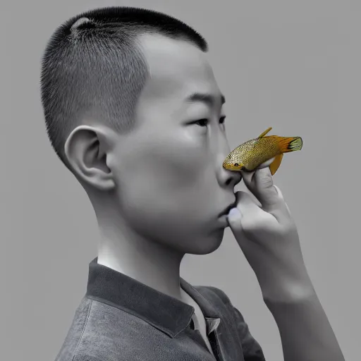 Image similar to dramatic portrait of chinese boy with buzz cut, holding a fish, low poly 3 d render