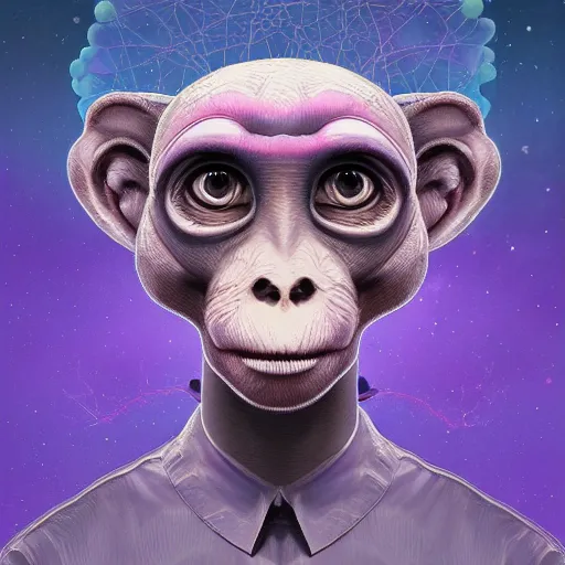 Prompt: a frontal portait drawing of a small cute purple monkey with a detailed brain cap by inio, beeple and james jean, aya takano color style, trippy, 8 k, super detailed, night sky 4 k, digital art, digital painting, clean