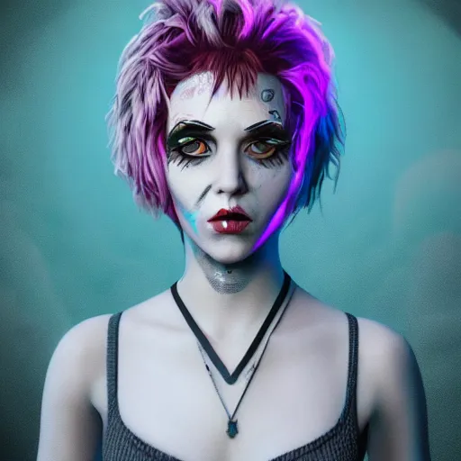 Image similar to punk women portrait made out of paint, short hair, octane render, highly detailed, realistic, tim burton and bob ross comic book art, matte painting, holographic, trending on artstation, cinematic, splashes of neon, sacred geometry in the background