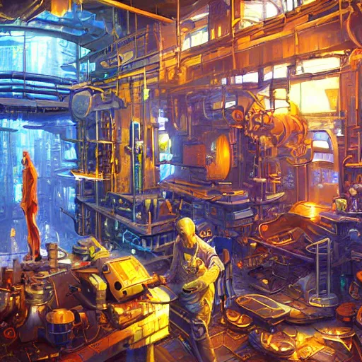 Image similar to fusion reactor in a cyberpunk tinkerer's workshop cryengine render by android jones, james christensen, rob gonsalves, leonid afremov and tim white