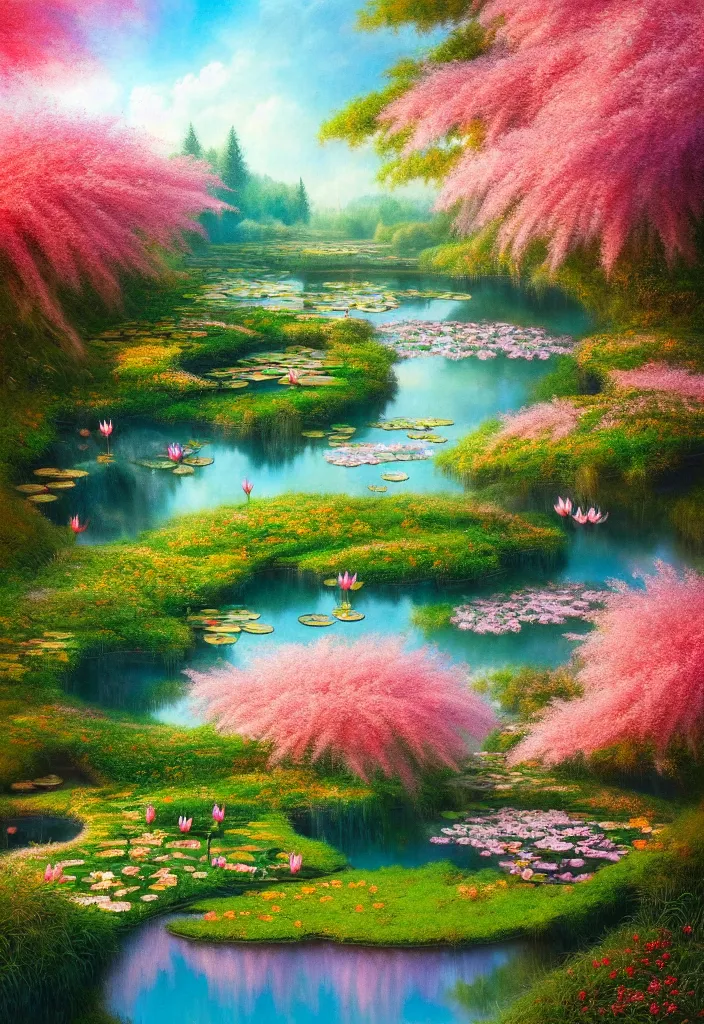 Image similar to a real photographic landscape painting with incomparable reality, wide angle, in forest, flowers, peach tree in full bloom, waterlily pond, bright style, harry potter, clearing,, john howe, magnificent, artstation