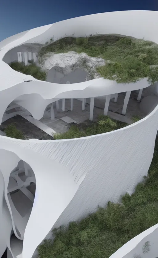 Image similar to architectural section of bioremediation white architecture, in chuquicamata, epic, cinematic, hyperealistic