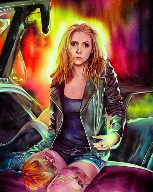 Prompt: watercolor full body portrait of buffy the vampire slayer, buffy, leather jacket, sitting in bed, romantisism, outrun, neon colors, painting, dramatic, detailed, by android jones