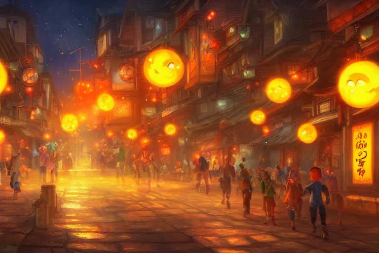 Prompt: fantasy art of glowing goldfish swimming in the air, in the streets of a japanese town at night, with people watching in wonder, by tyler edlin, highly detailed digital art, trending on artstation