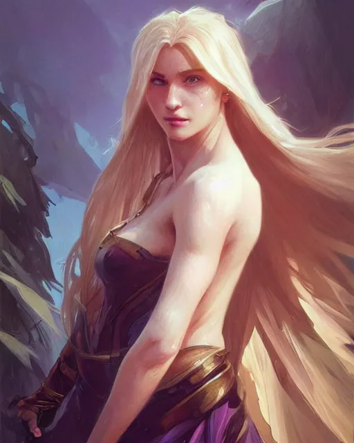 Image similar to '' Portrait of Beautiful blonde Slavic woman, league of legends, LOL, fantasy, d&d, digital painting, artstation, concept art, sharp focus, illustration, art by greg rutkowski and alphonse mucha ''