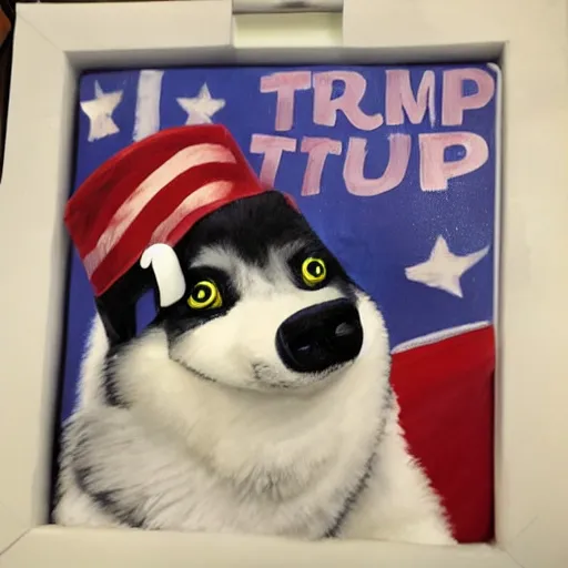 Image similar to donald trump bitten by husky painted