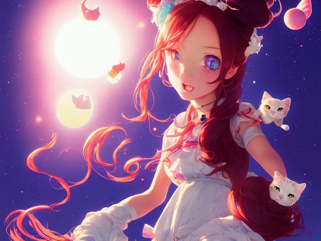 Image similar to bubbly lovely hopefully magical girl flying to the sun set with her kitty, occlusion shadow, specular reflection, rim light, unreal engine, artgerm, artstation, art by hiroaki samura and ilya kuvshinov and ossdraws, high quality, intricate detailed 8 k, fantasy illustration, extremely beautiful and aesthetic shape of face and body, movie poster