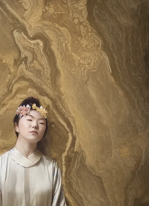 Image similar to Kodak Portra 400, 8K, soft light, volumetric lighting, highly detailed, Kasumi Arimura style 3/4 ,portrait photo of Japanese princess, the face emerges from a thermal water flowing down gold travertine terraces, with lotus flowers, inspired by Ophelia paint , a beautiful luxurious royal suit, intricate hair with highly detailed realistic beautiful flowers , Realistic, Refined, Highly Detailed, ethereal lighting colors scheme, outdoor fine art photography, Hyper realistic, photo realistic