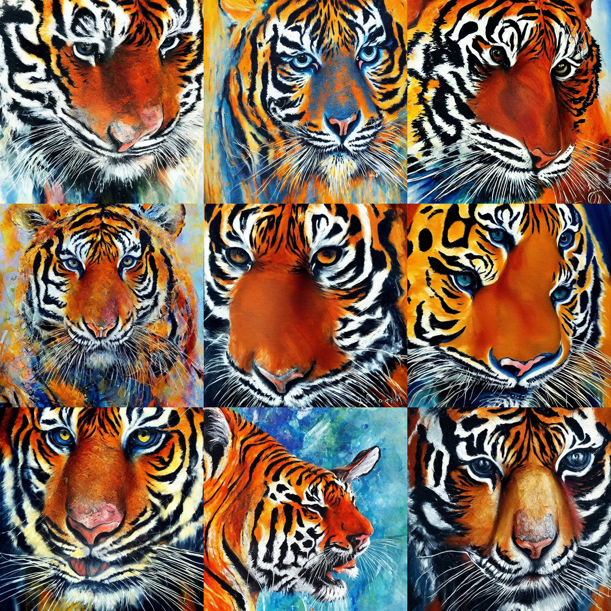 Prompt: Pour painting art, tigers, abstract, intricate, elegant, highly detailed, smooth, sharp focus, art by Olga Soby and Rinske Douna and Left Brained