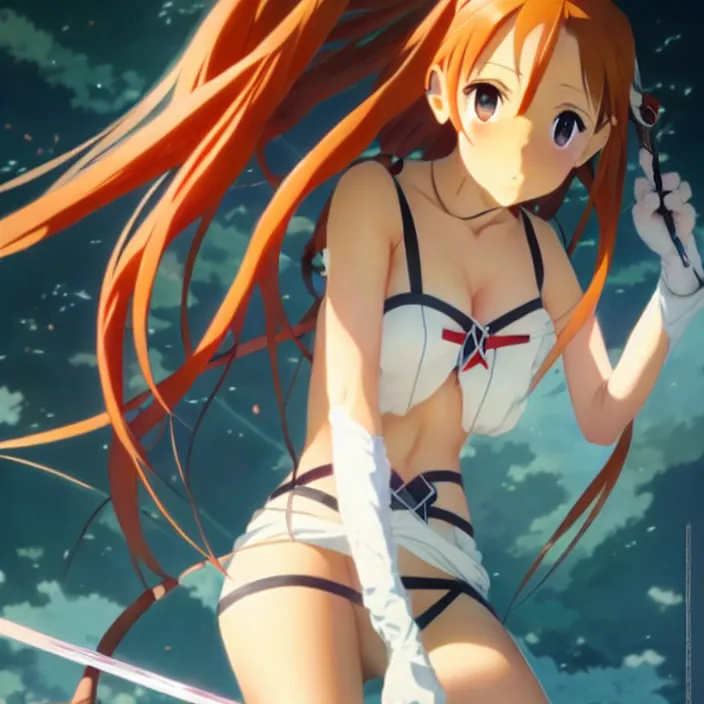 Image similar to beautifu photo of asuna from sao, asuna by a - 1 pictures, by greg rutkowski, gil elvgren, enoch bolles, glossy skin, pearlescent, anime, maxim magazine, very coherent