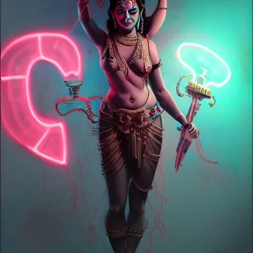 Prompt: thic hindu god kali dramatic posing as modler with a futurestic skin tattoo and bio-technical parts and neon light by Artgerm and Greg Rutkowski , digital painting, highly detailed, trending on artstation