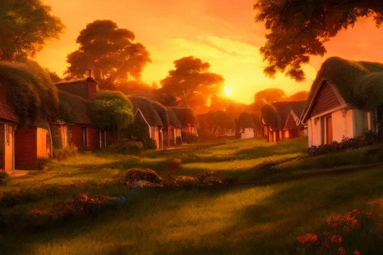 Image similar to sunset over the cottages in the shire, ghibli, artstation, award wining, rutkowski, shinkai