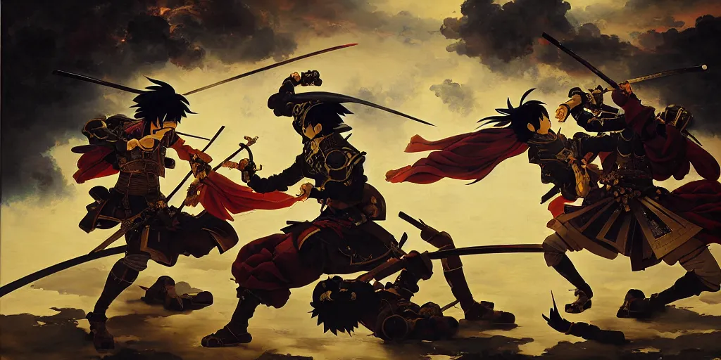 Image similar to baroque oil painting of key visual samurai battle, japanese armor, brutalist fantasy, realism, rule of thirds golden ratio, fake detail, trending pixiv fanbox, acrylic palette knife, style of makoto shinkai ghibli takashi takeuchi yoshiyuki sadamoto jamie wyeth james gilleard greg rutkowski chiho aoshima