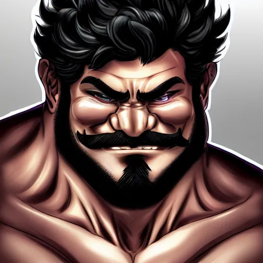 Image similar to face portrait a big beefy man with a large purple face, thick dark hair, a bushy black moustache, with hardly any neck and mean little eyes, highly detailed, digital art, sharp focus, trending on art station, kentaro miura manga art style