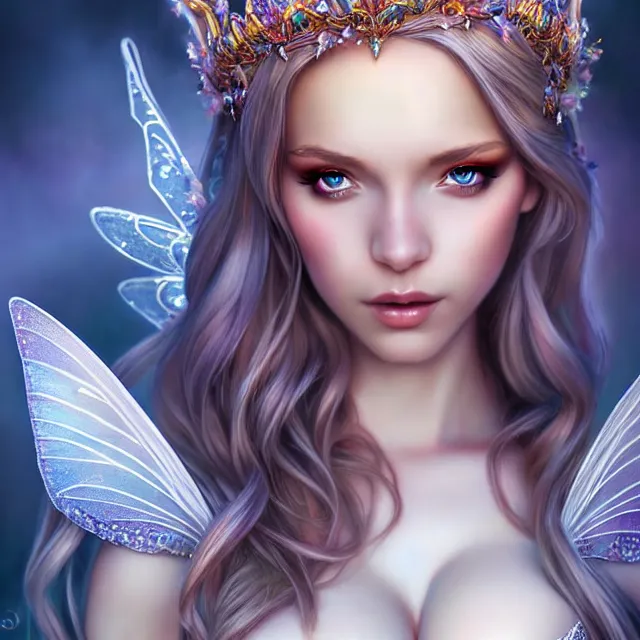 Image similar to beautiful adult fairy queen, highly detailed, 4 k, hdr, smooth, sharp focus, high resolution, award - winning photo, artgerm, photorealistic