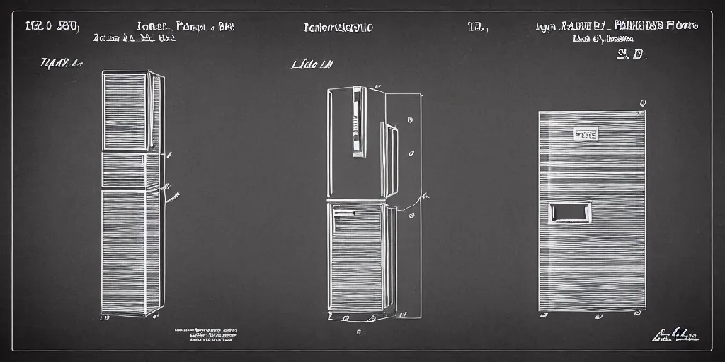 Prompt: refrigerator patent drawing style