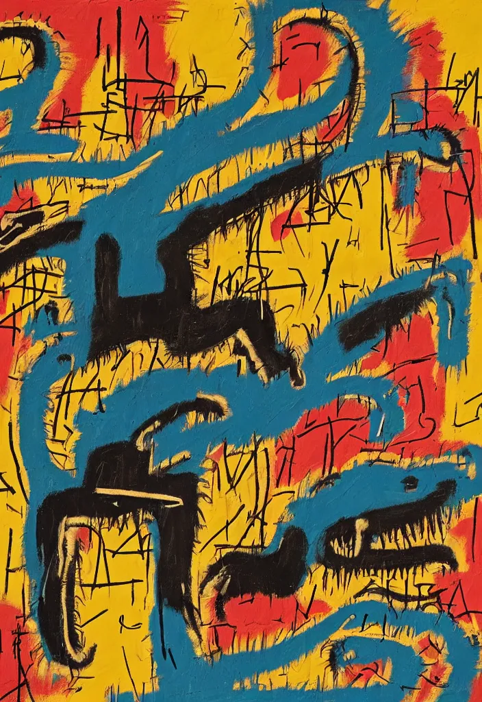 Image similar to komodo in the style of jean michel basquiat