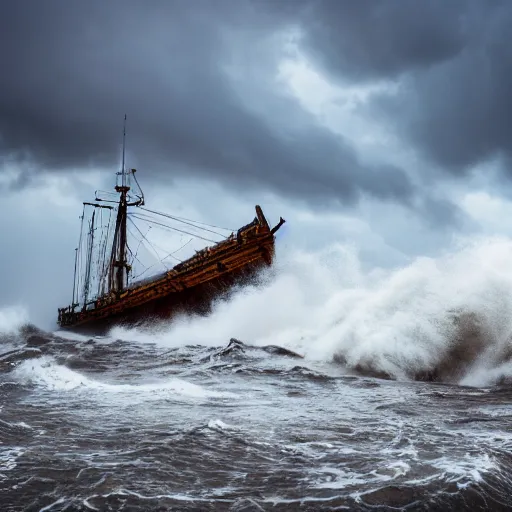 Image similar to Stormy sea, big waves, rain, lightning, gray clouds, old wooden ship, giant tentacles rising from water, Canon EOS R3, f/1.4, ISO 200, 1/160s, 8K, RAW, unedited, symmetrical balance, in-frame.