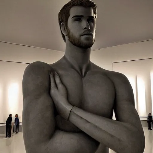 Image similar to “a realistic detailed photo of a guy who is an attractive humanoid who is half robot and half humanoid, who is a male android, actor Liam Hemsworth, shiny skin, posing like a statue, blank stare, at the museum, on display”