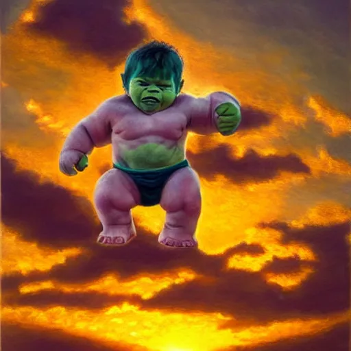 Image similar to a baby hulk with wings, flapping its wings flying in sunset sky, oil on canvas, portrait, intricate, 8k highly professionally detailed, HDR, CGsociety