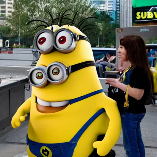 Image similar to subway jared luring minion with a banana