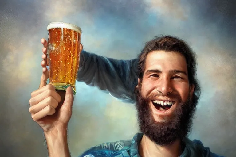 Image similar to a young man holding a beer giving a thumbs up with a long beard, airbrush painted, 80s poster, detailed, uncropped, painted by Bastien Lecouffe-Deharme