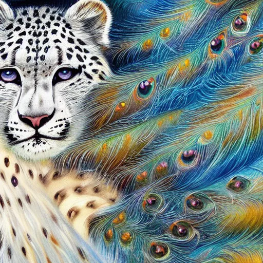 Prompt: beautiful white snow leopard with long flowing fur and tail made of peacock feathers detailed painting in the style of josephine wall 4 k
