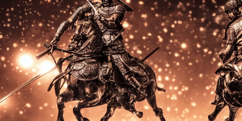 Image similar to close up macro shot of a roman general riding a horse fighting a samurai with swords on wet tokyo street at night, intricate, hyper detailed, smooth, dramatic lighting, cinematic