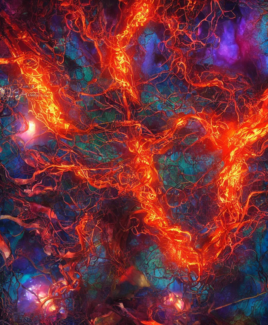 Prompt: hyper detailed 3 d render. realistic broken heart on fire tangled in psychedelic fungus. iridescent textures. highly detailed fantasy science fiction painting by vrubel and chris cunningham. dark and volumetric. artstation