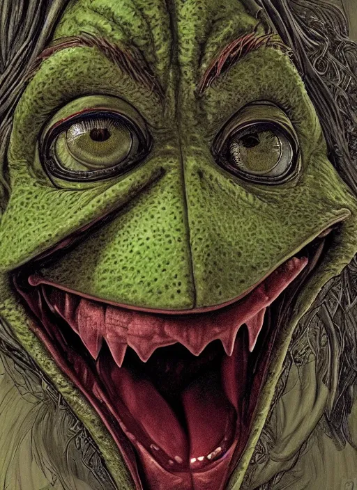 Image similar to portrait of Kermit the frog from The Exorcist (1973), intricate, highly detailed, centered, digital painting, artstation, concept art, smooth, sharp focus, decayed, illustration, artgerm, donato giancola, Joseph Christian Leyendecker, WLOP, Artgerm