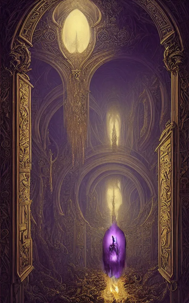 Prompt: gustav dore peter mohrbacher baroq giger arched hallways stretch into the sky, intricate hexagon honeycomb architecture, purple velvet, shimmering, dripping liquid gold, extreme detail, 8 k photograph vivid detail