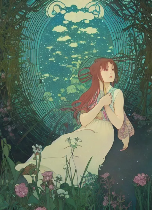 Image similar to a girl staring at the stars in her backyard, path traced, highly detailed, high quality, digital painting, by studio ghibli and alphonse mucha, leesha hannigan, hidari, art nouveau, chiho aoshima, posuka demizu