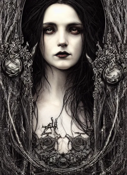 Image similar to gothic witch maiden holding a wreath and wearing a cloak, long beautiful strands of black hair, engraving, concept art, elden ring, illustration, smooth, sharp focus, by gustave dore and greg rutkowski, hyper realistic face, piercing beautiful eyes, fantasy art, in the style of midjourney, intricate, alphonse mucha, hyper detailed