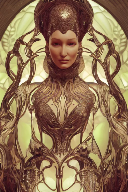 Image similar to a highly detailed 4 k render of a beautiful dmt alien goddess bella hadid in iris van herpen dress schiaparelli in diamonds in style of alphonse mucha trending on artstation made in unreal engine 4