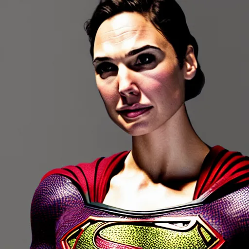 Image similar to an potrait of gal gadot wearing Henry Cavill Superman suit, photorealistic, high detail, photo studio, testing custom, 4k