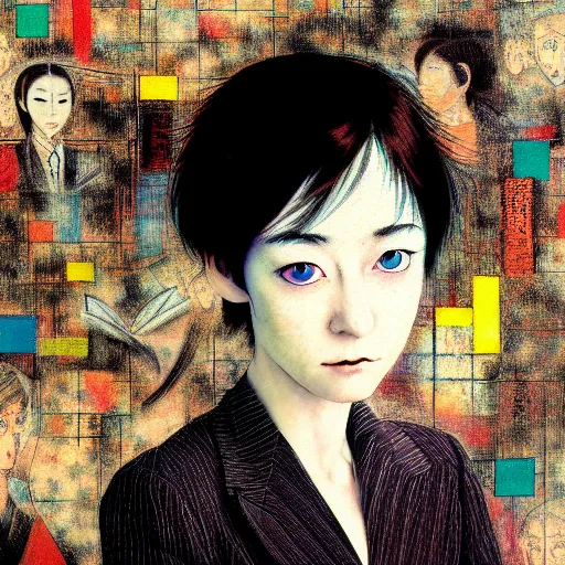 Image similar to yoshitaka amano blurred and dreamy realistic three quarter angle portrait of a young woman with short hair and black eyes wearing office suit with tie, junji ito abstract patterns in the background, satoshi kon anime, noisy film grain effect, highly detailed, renaissance oil painting, weird portrait angle, blurred lost edges