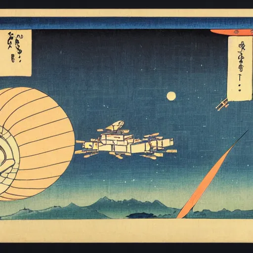 Prompt: A ukiyo-e print of Space Station, by Utagawa Hiroshige, trending of artstation