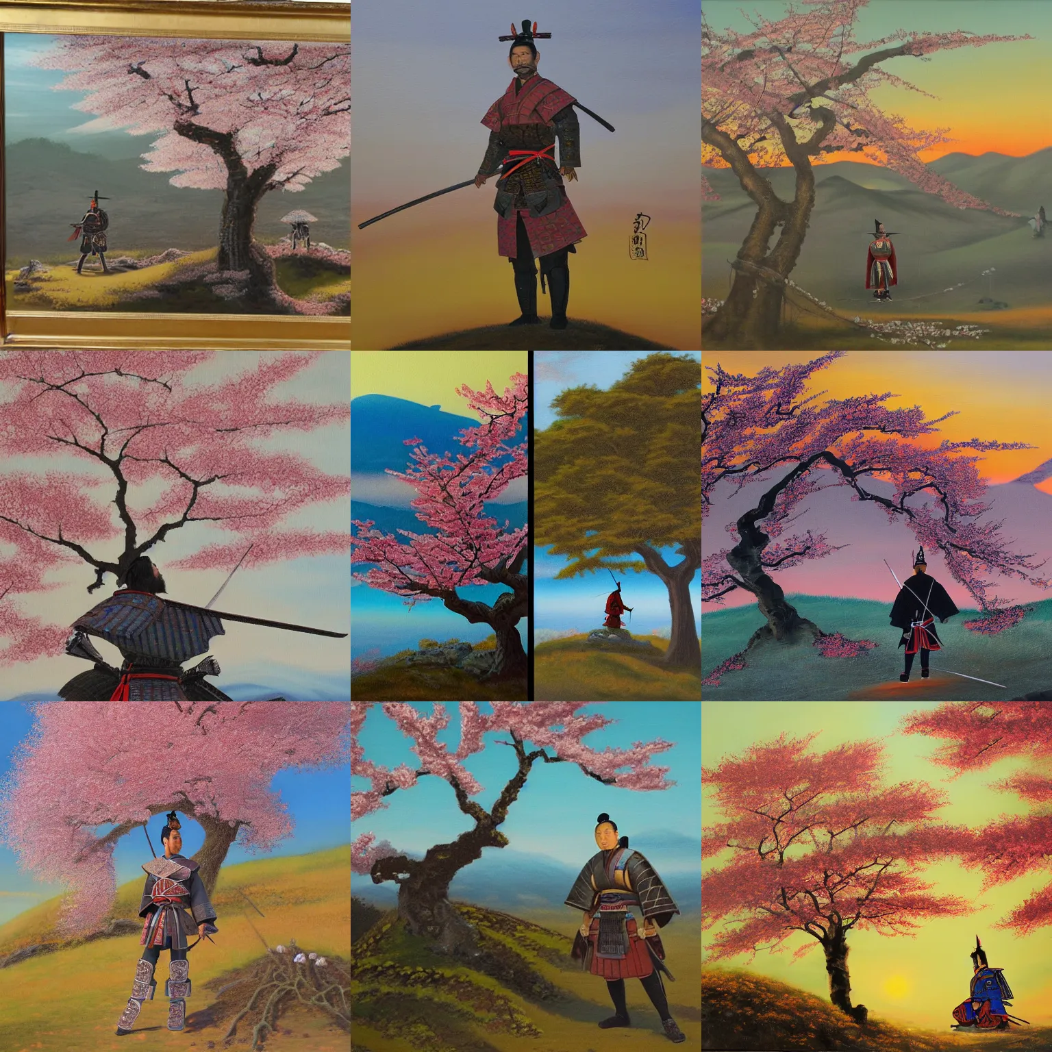 Prompt: detailed oil painting of a samurai in armor standing on a hill at sunset, a cherry blossom tree is next to the samurai, by elmore, larry